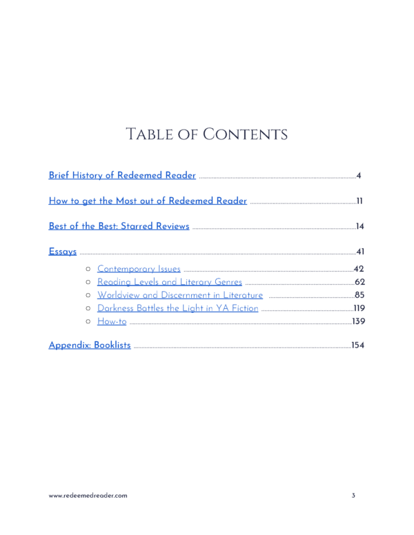 Redeemed Reader Companion Table of Contents